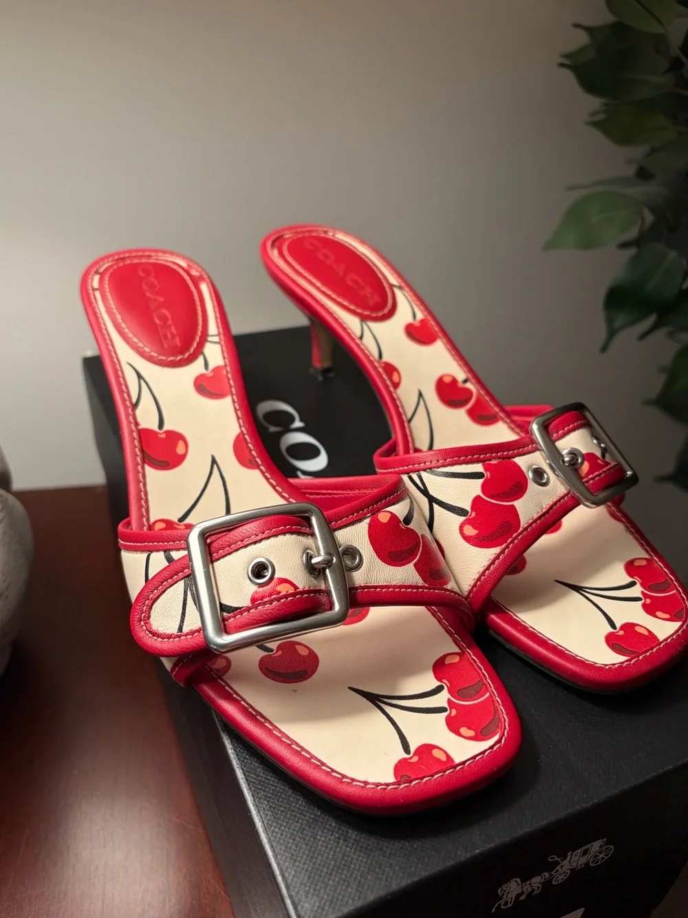 Coach Margot Cherry Print Leather Kitten Heel Sandal Size 9 - Picture 3 of 13